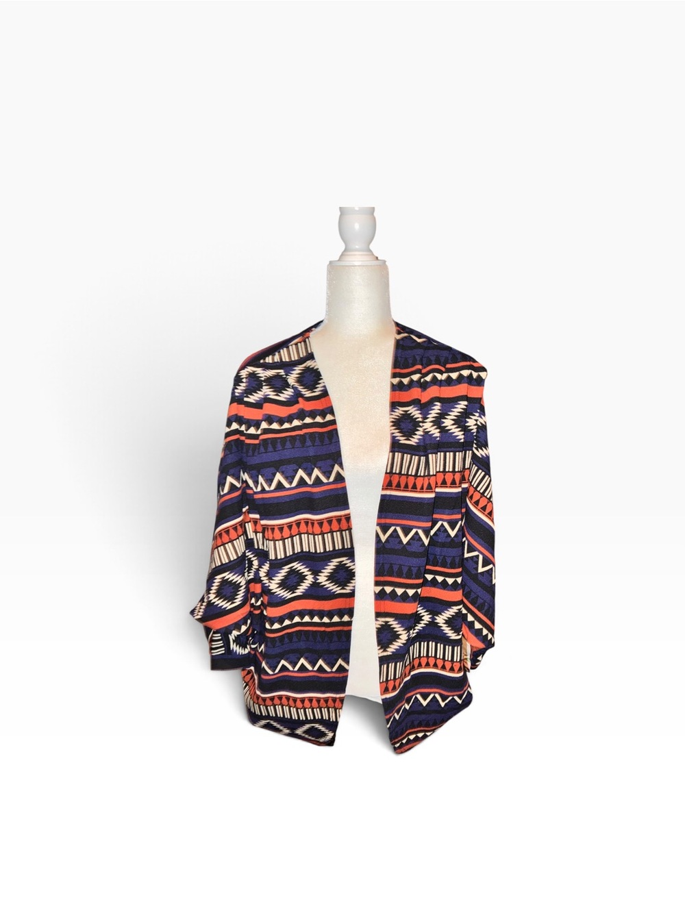 Boohoo Navy and Coral Aztec Open-Front Cardigan